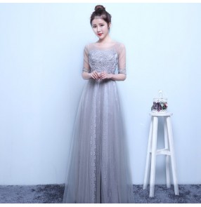 White light pink turquoise yellow silver light gray lace appliques tulle see through short sleeves round neck A line long length women's ladies formal celebration special occasion wedding party bride evening dresses vestidos 